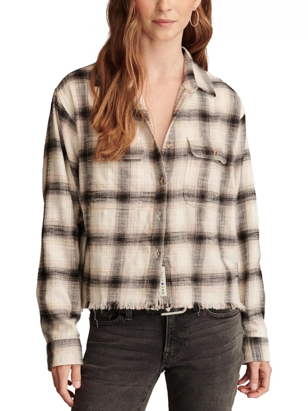 Lucky Brand Women's Cotton Raw Edge Plaid Cropped Button Down Top Med Orig $80